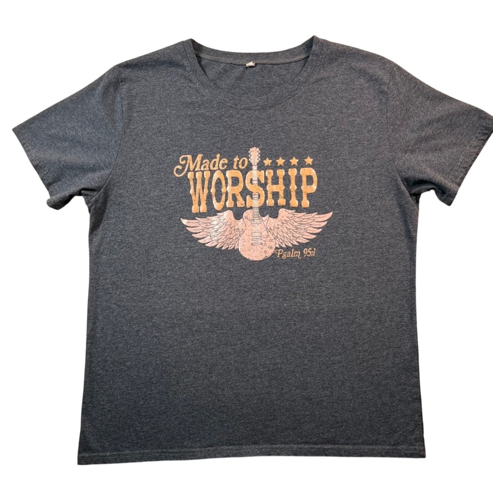 Made to Worship Psalm 95:1 Graphic T Shirt XL Gray Christian Guitar‎ Tee Faith